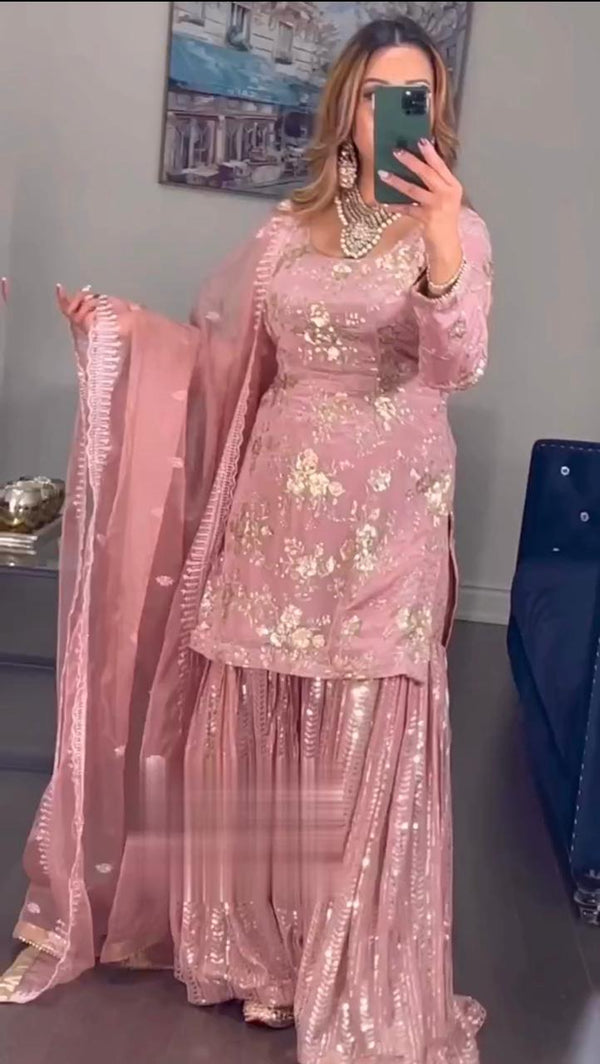 Delightful Embroidery Sequence Work Peach Color Sharara Suit