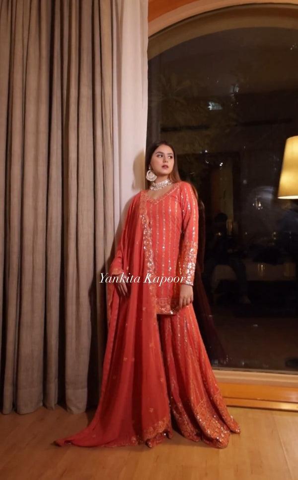 Innovative Embroidery Sequence Work Orange Color Sharara Suit