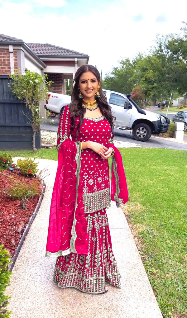 Glimmering Heavy Embroidery Sequence Work Pink Color Sharara Suit