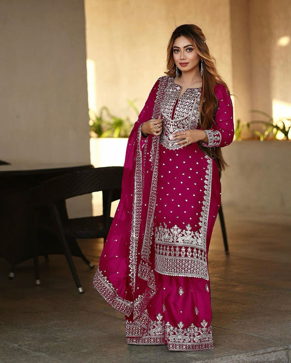Decent Embroidery Sequence Work Pink Color Sharara Suit