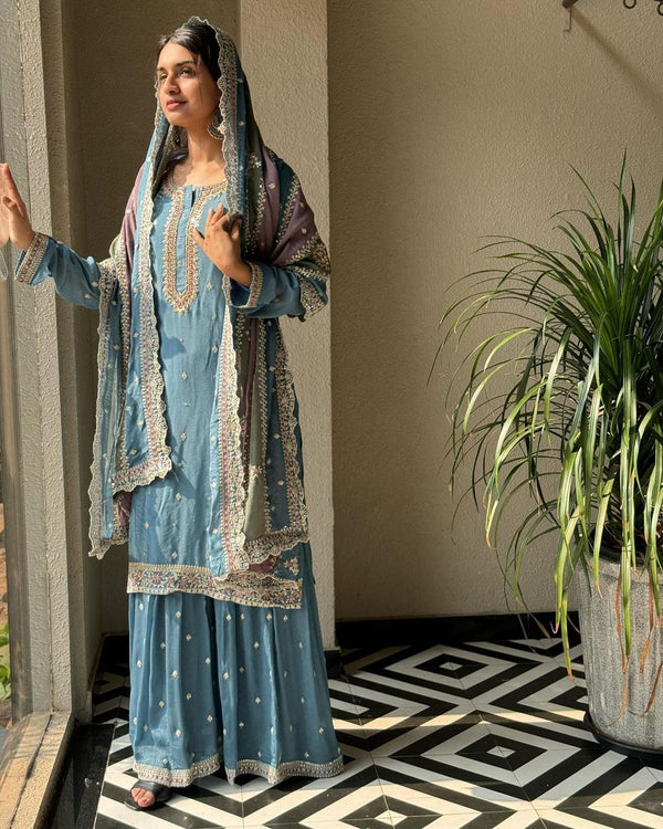 Stylish Embroidery Sequins Work Sky Blue Color Anarkali Suit
