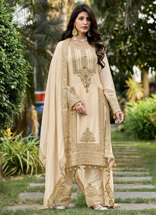 Captivating Sequins Work Cream Color Anarkali Suit