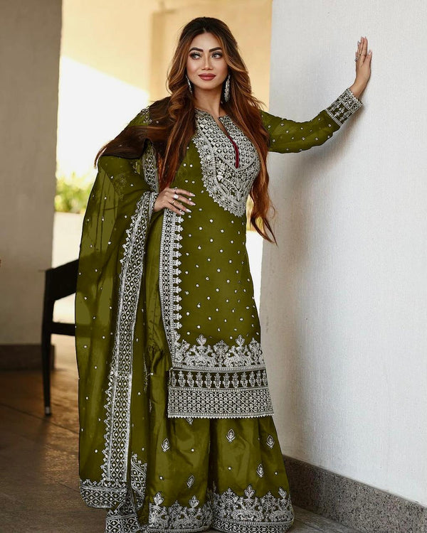 Decent Embroidery Sequence Work Green Color Sharara Suit