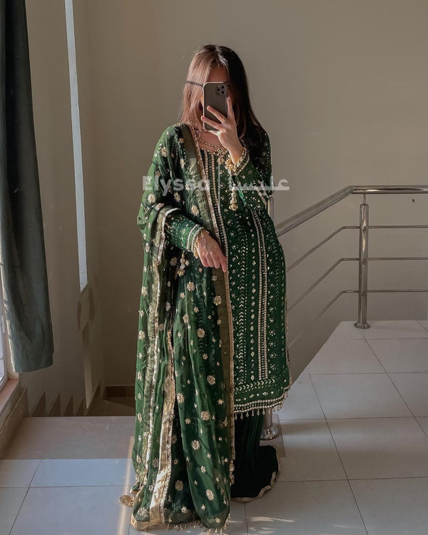 Eid Special Embroidery Sequenced Work Green Color Sharara Suit
