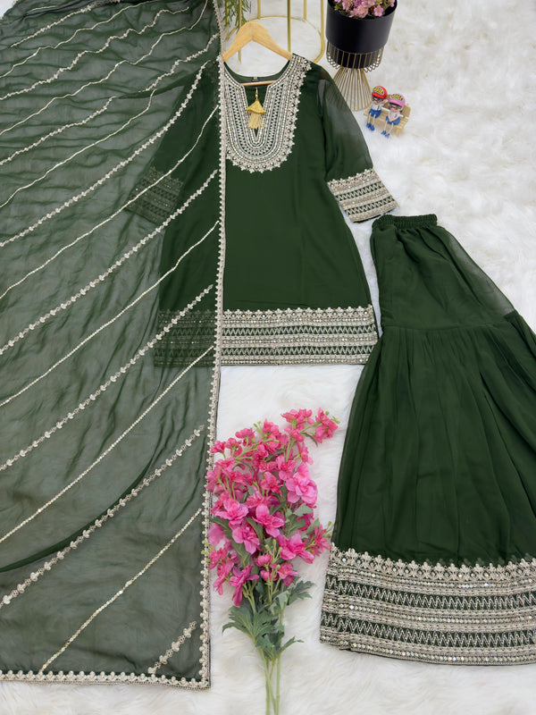 Glorious Coding Sequence Embroidery Green Color Sharara Suit
