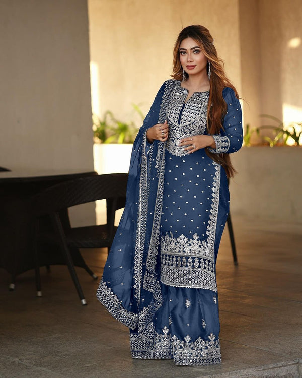 Decent Embroidery Sequence Work Rama Color Sharara Suit