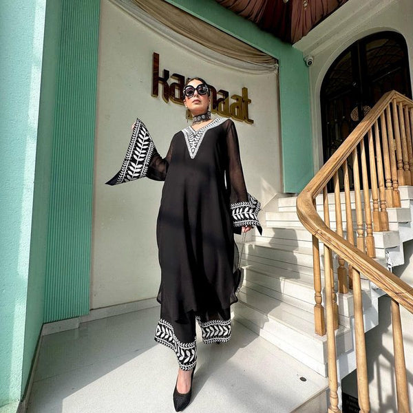 Alluring Chine Stitched Work Black Color Plazzo Suit