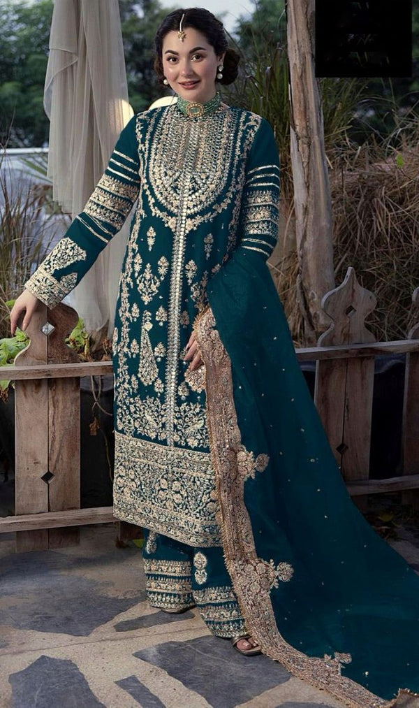 Demanding Embroidery Sequence Work Teal Blue Color Anarkali Suit