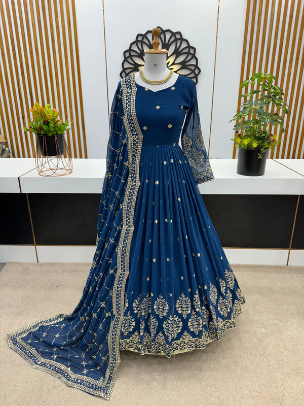 Beautiful  Heavy Embroidery Sequence Navy Blue Color Gown