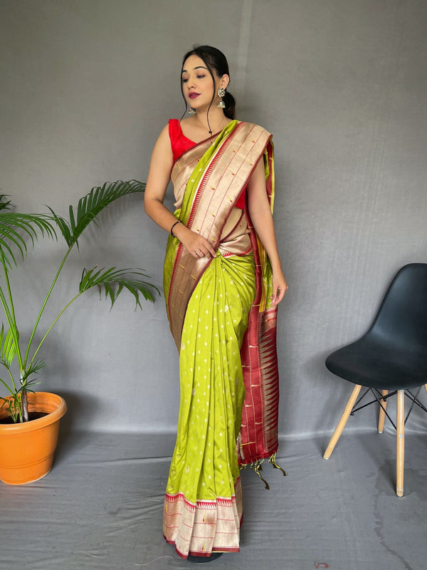 Festive Wear Parrot Green Rich Weaved Pallu Silk Saree