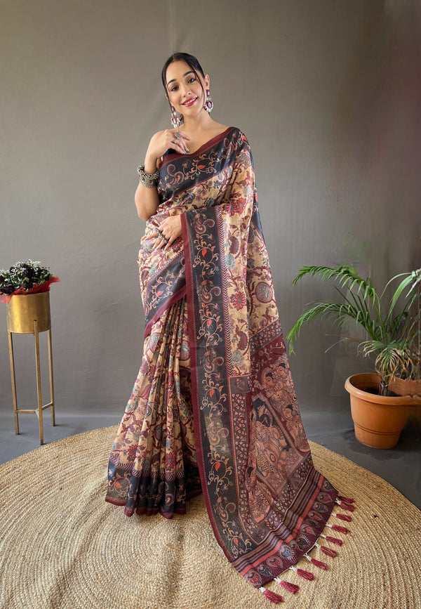 Stylish Digital Print With Beautiful Pallu Beige Color Saree