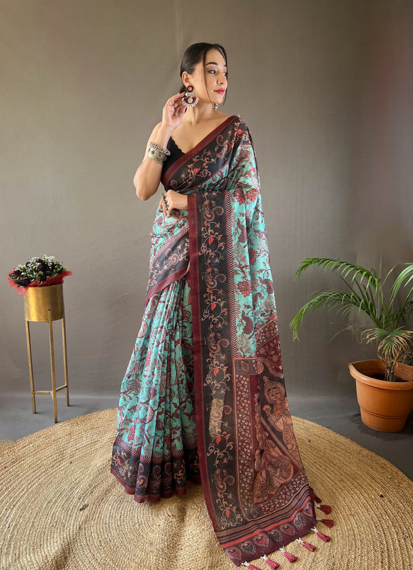 Stylish Digital Print With Beautiful Pallu Sky Blue Color Saree