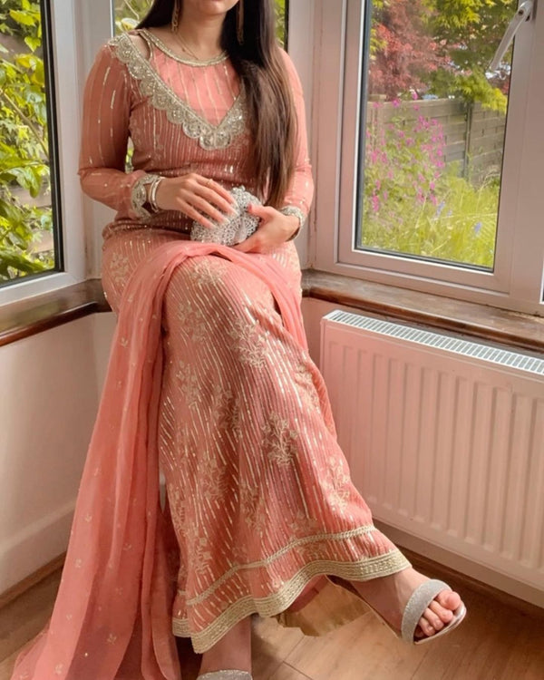 Alluring Sequence Work Peach Color Anarkali Suit