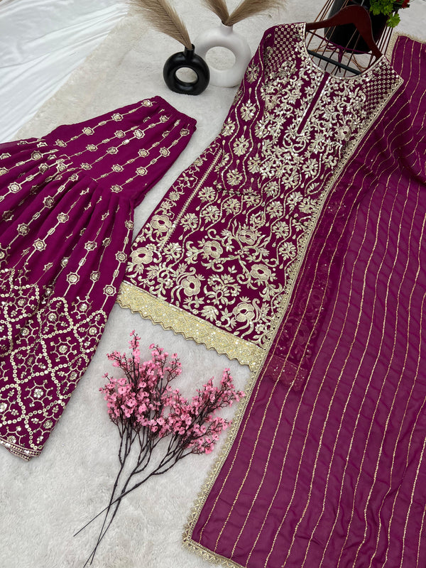Attractive Embroidery Sequence Wine Color Sharara Suit