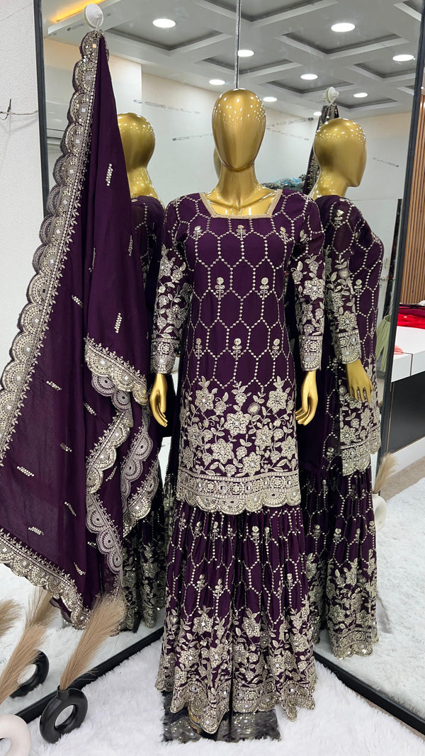 Gorgeous Embroidery Sequence Work Wine Color Sharara Suit