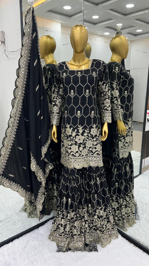 Gorgeous Embroidery Sequence Work Black  Color Sharara Suit