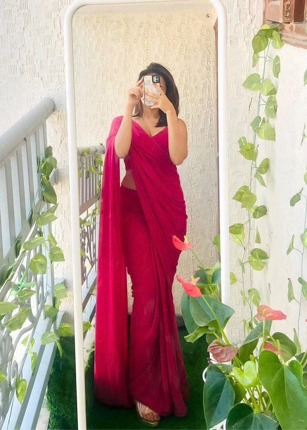 Beautiful Pink Color Ready To Wear Saree