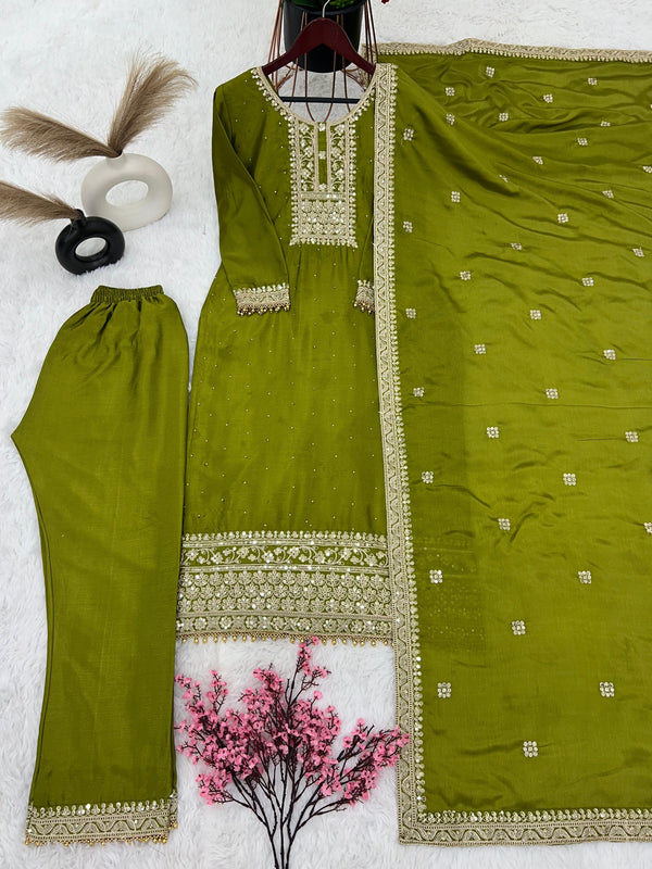 Exotic  Embroidery Work Perrot Color Plazzo Suit