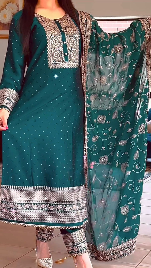 Embellished Embroidery Work Rama Color Anarkali Suit