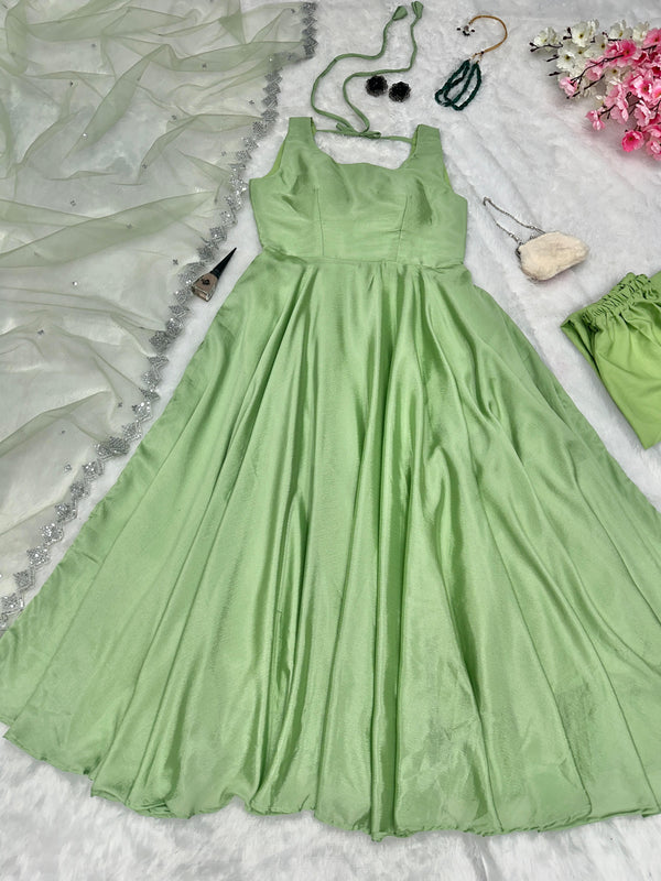 Embellished  Embroidery Sequins Work Pista Color Gown