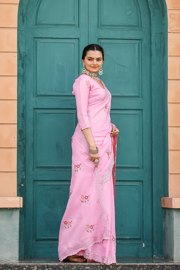 Designer Floral Print With Embroidery Work Light Pink Saree