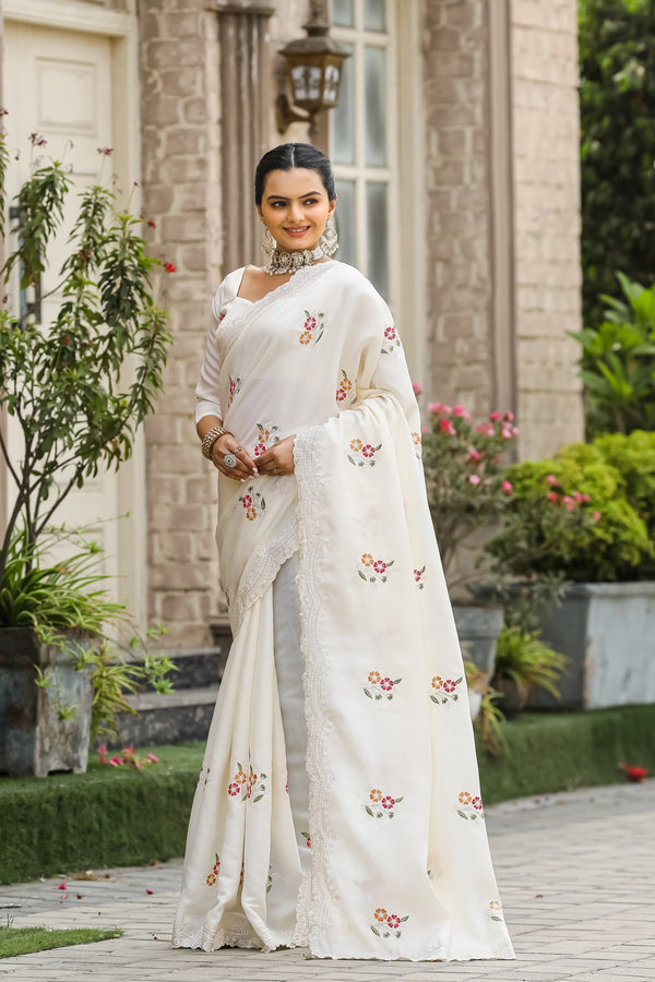 Designer Floral Print With Embroidery Work White Saree