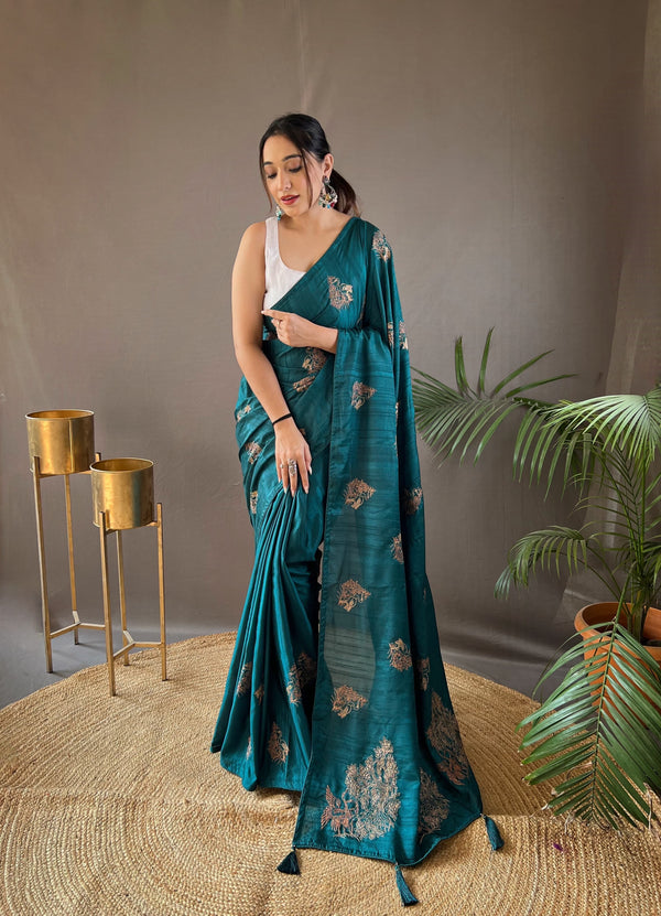 Party Wear Teal Blue Zari Based Embroidery Work Silk Saree