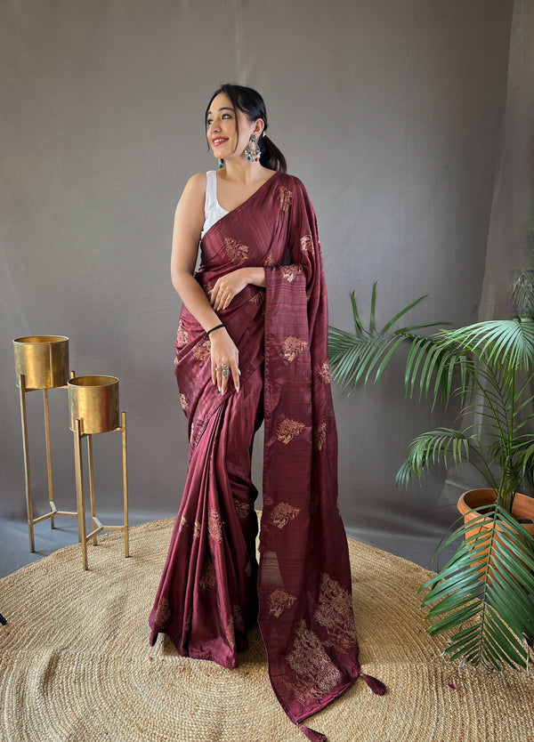 Party Wear Maroon Zari Based Embroidery Work Silk Saree