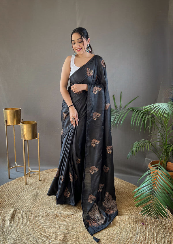 Party Wear Black Zari Based Embroidery Work Silk Saree
