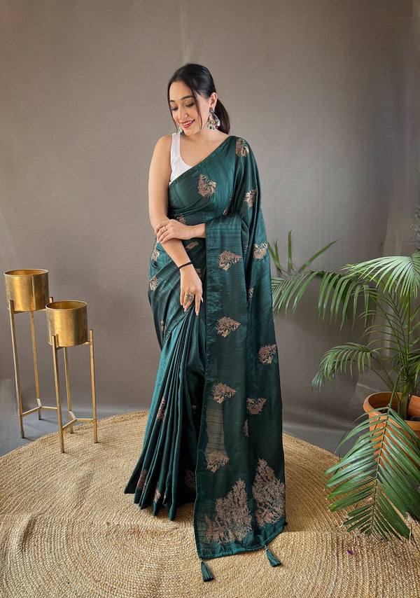 Party Wear Green Zari Based Embroidery Work Silk Saree