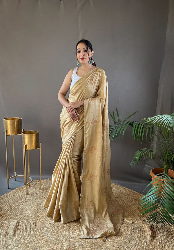 Party Wear Cream Zari Based Embroidery Work Silk Saree