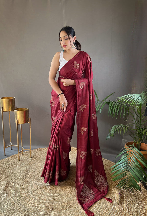 Party Wear Red Zari Based Embroidery Work Silk Saree