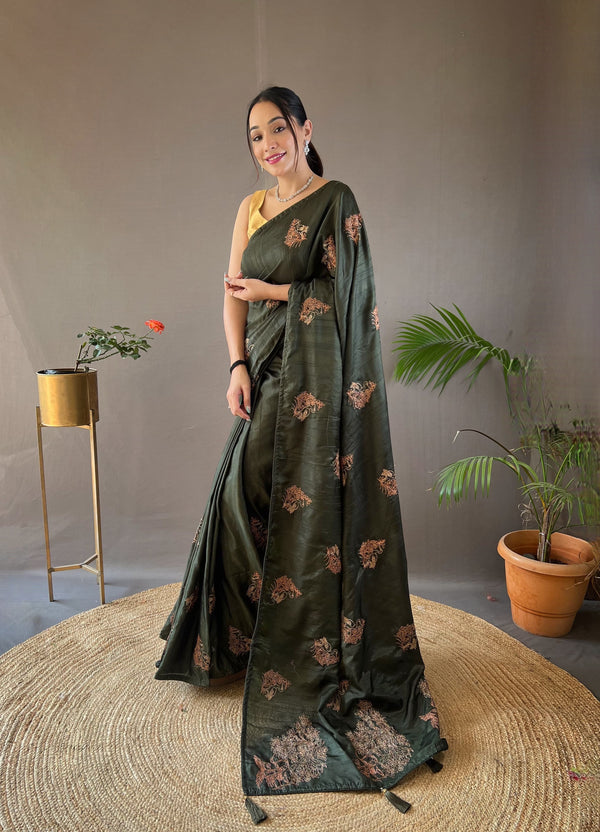 Party Wear Mehndi Zari Based Embroidery Work Silk Saree