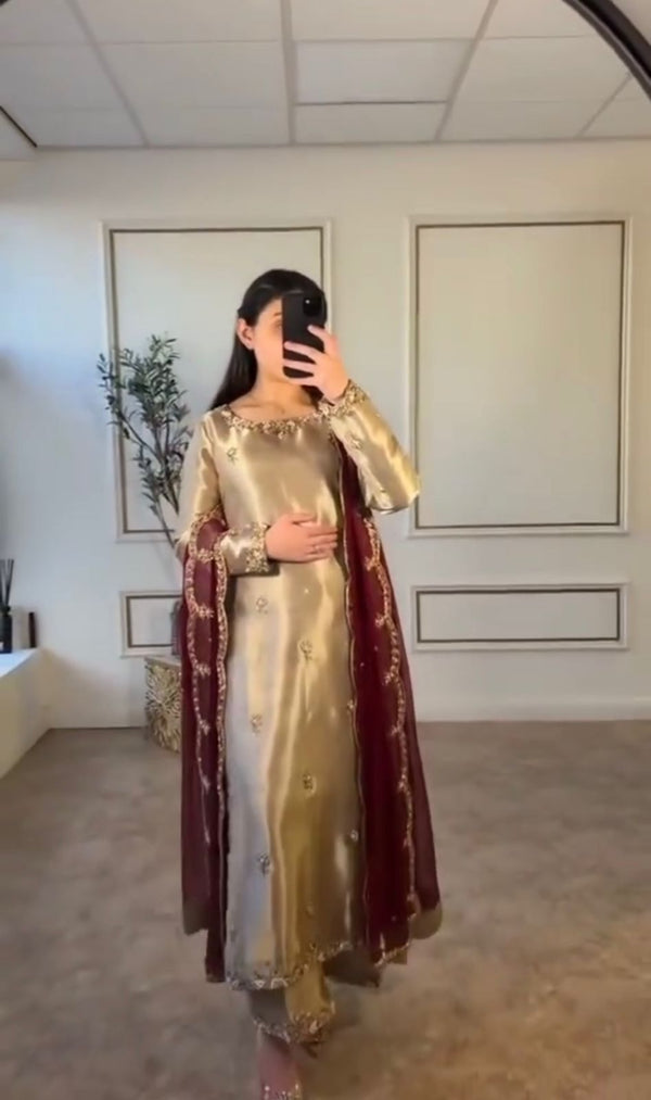 Glimmering Sequences Work Gold Color Anarkali Suit