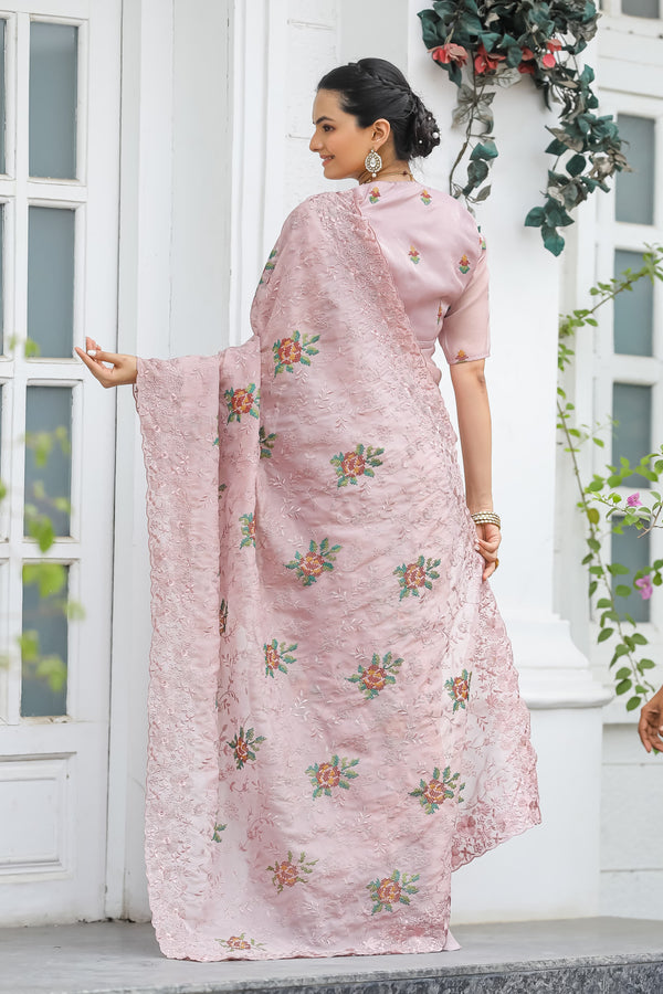 Glimmering Dusty Pink Color Embroidery With Cut Work Saree