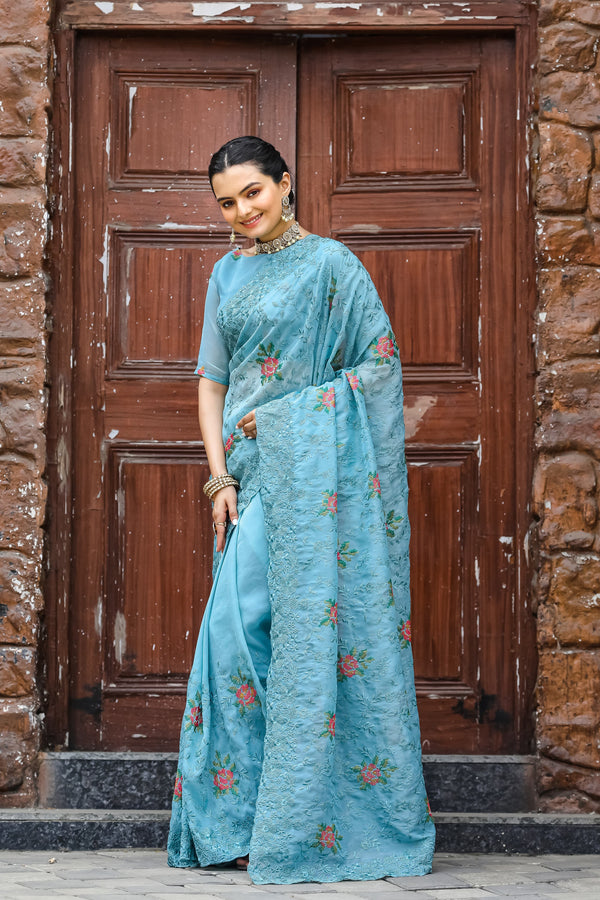 Glimmering Sky Blue Color Embroidery With Cut Work Saree