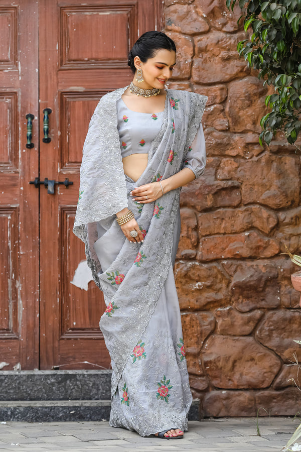 Glimmering Grey Color Embroidery With Cut Work Saree