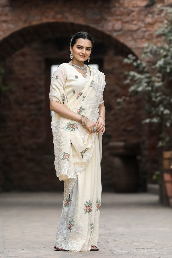 Glimmering Off White Color Embroidery With Cut Work Saree
