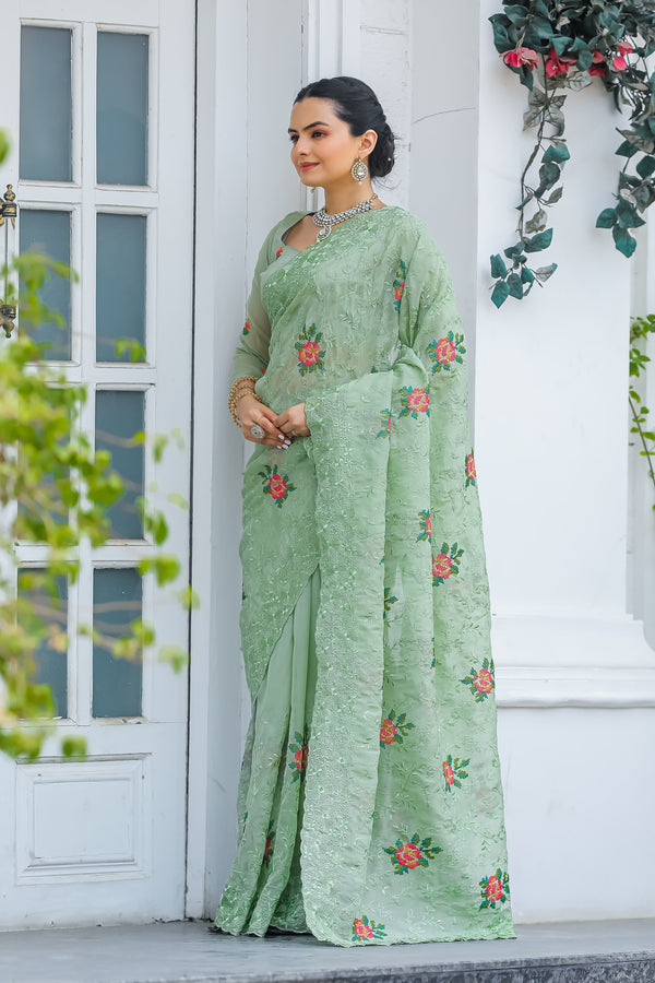 Glimmering Green Color Embroidery With Cut Work Saree