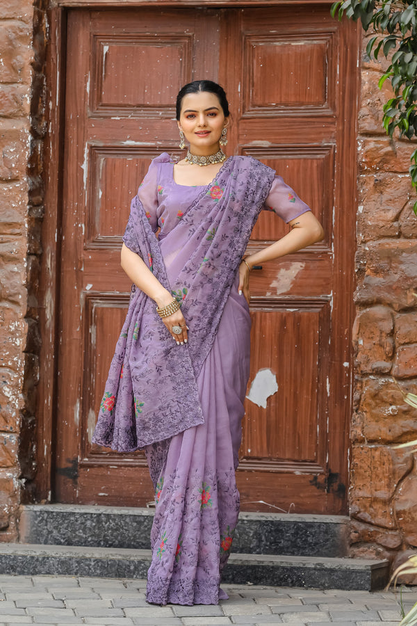 Glimmering Purple Color Embroidery With Cut Work Saree
