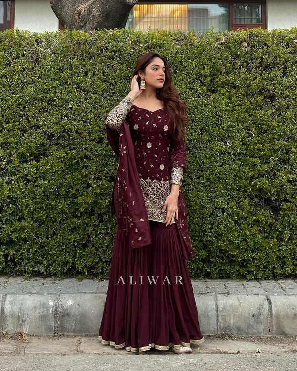 Mesmerizing Embroidery Sequence Work Wine Color Palazzo Suit