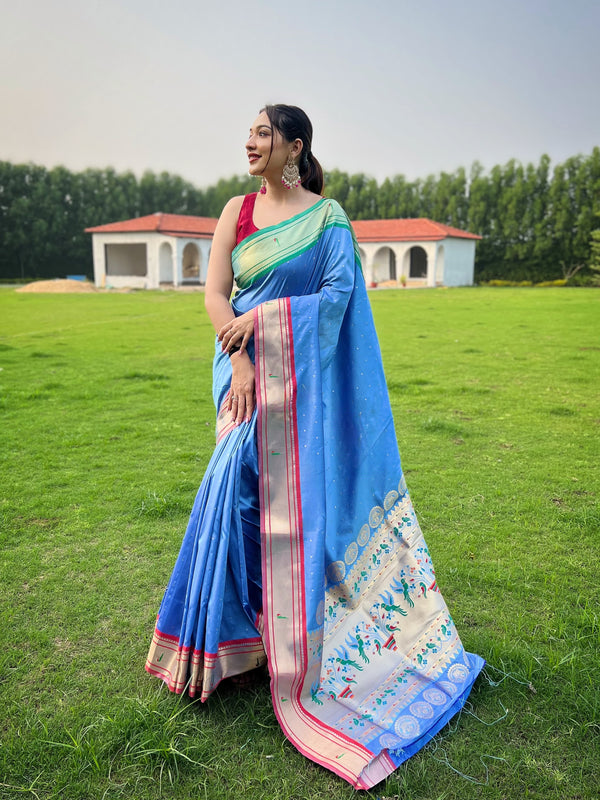 Fantastic Butti Work Sky Blue Paithani  Weaving Saree