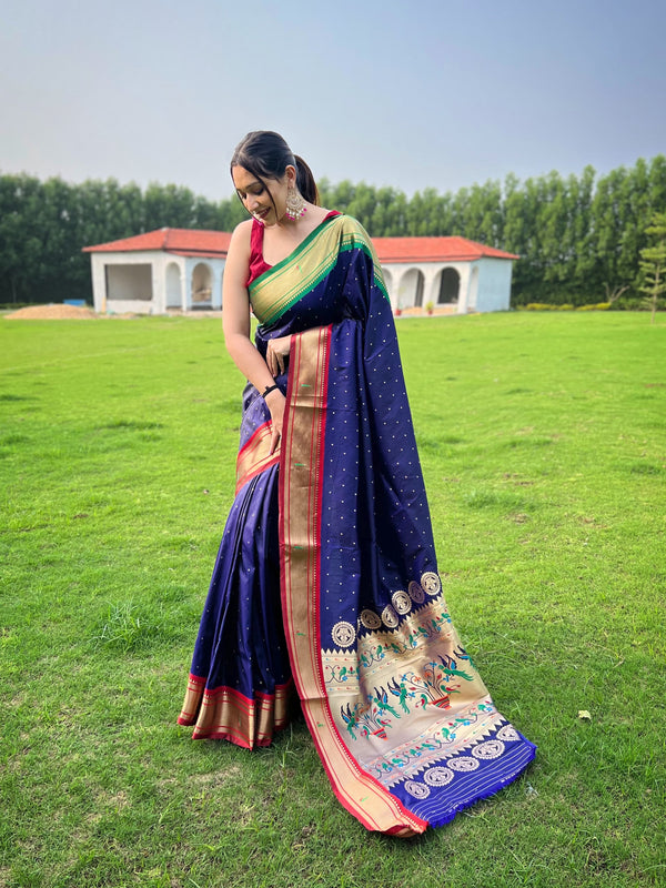 Fantastic Butti Work Navy Blue Paithani  Weaving Saree