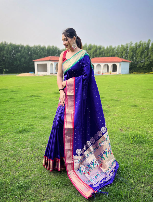 Fantastic Butti Work Blue Paithani Weaving Saree