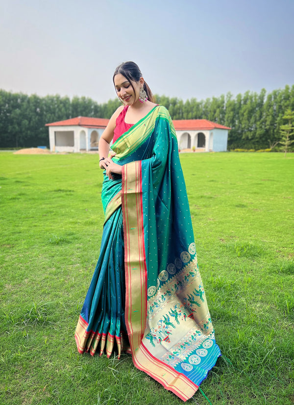 Fantastic Butti Work Aqua Green Paithani Weaving Saree