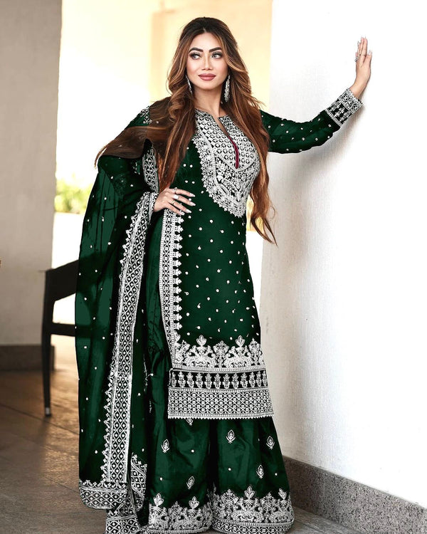 Decent Embroidery Sequence Work Dark Green Color Sharara Suit
