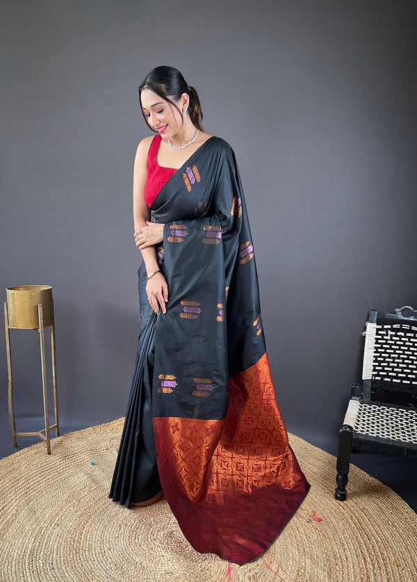Opulent Copper Rich Weaving Pallu Black Color Saree