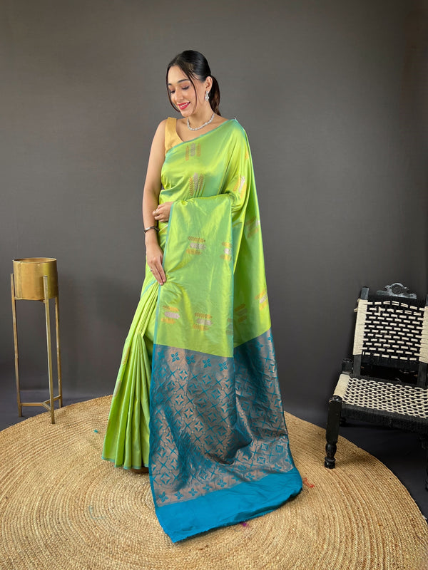 Opulent Copper Rich Weaving Pallu Parrot Green Color Saree
