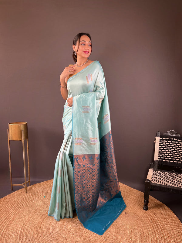 Opulent Copper Rich Weaving Pallu Sky Blue Color Saree