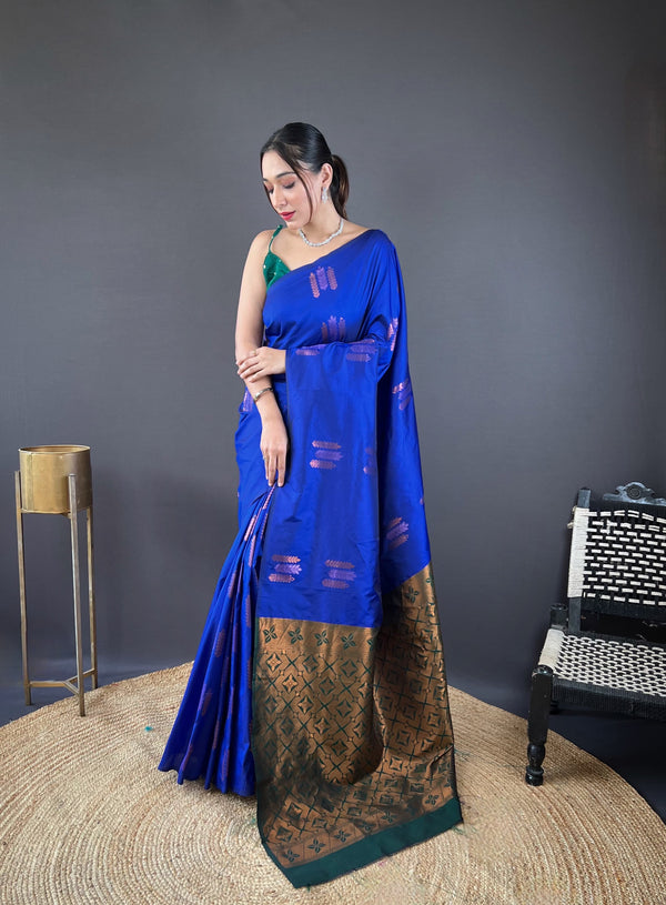 Opulent Copper Rich Weaving Pallu Navy Blue Color Saree